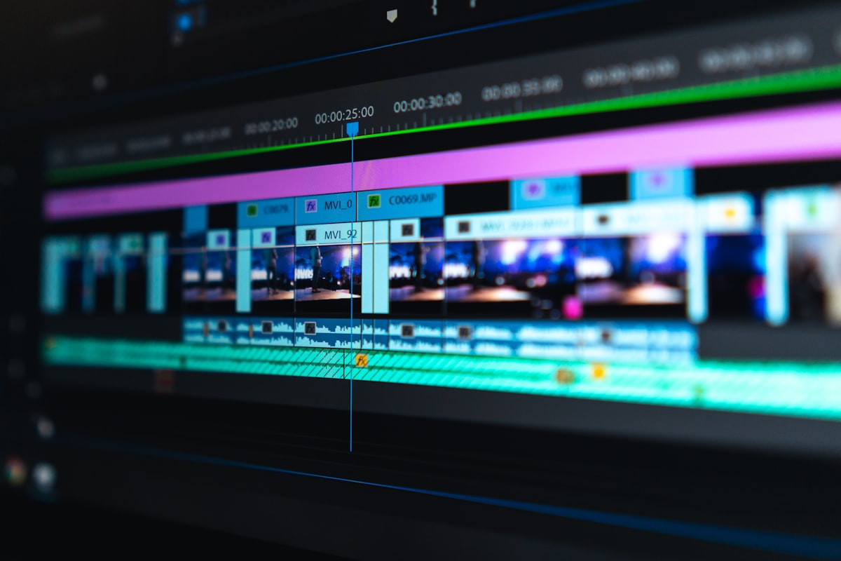 A video editing timeline with clips and audio tracks