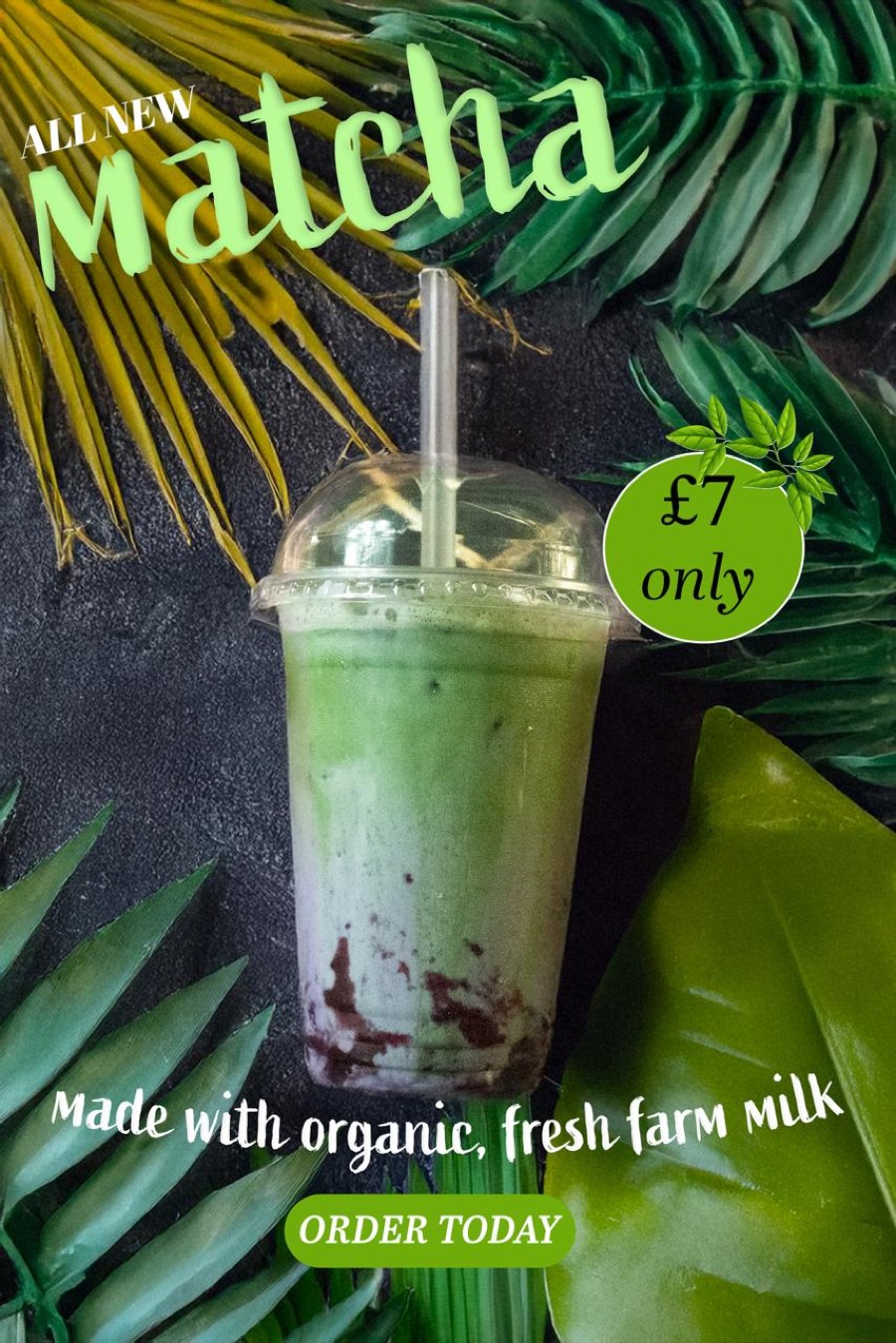Poster design announcing Qaiso's new matcha drink at £7