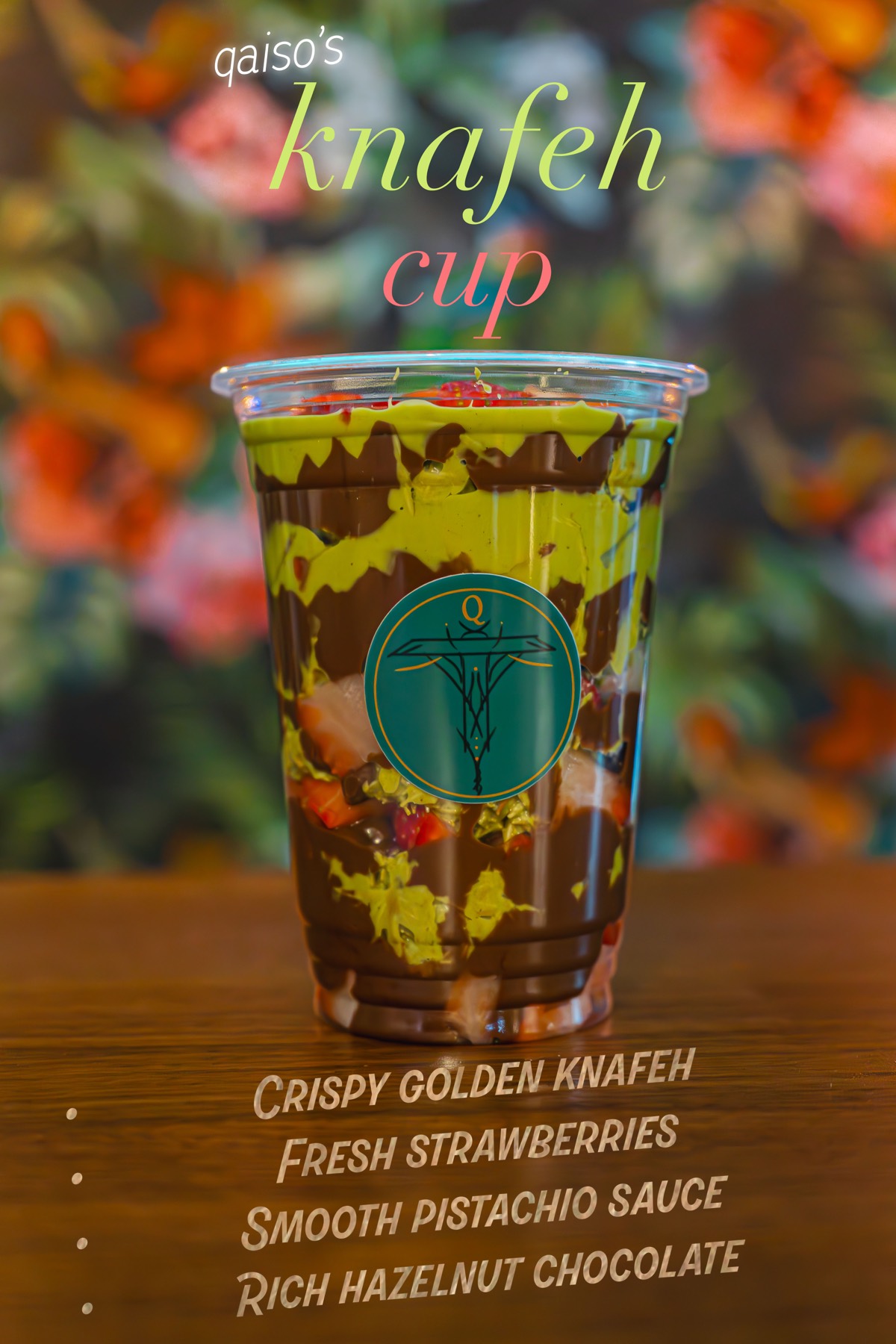 Poster design for Qaiso's knafeh cup, showing the layered dessert with its ingredients listed