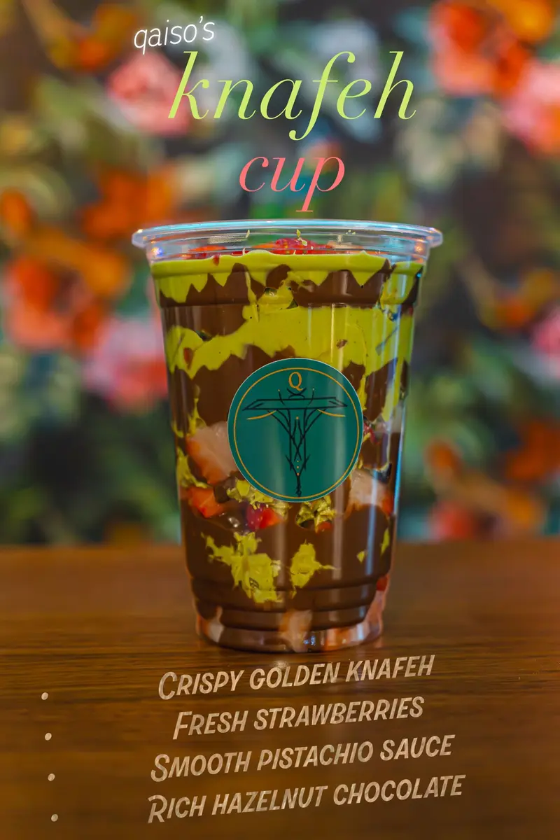 Poster design for Qaiso's knafeh cup, showing the layered dessert with its ingredients listed